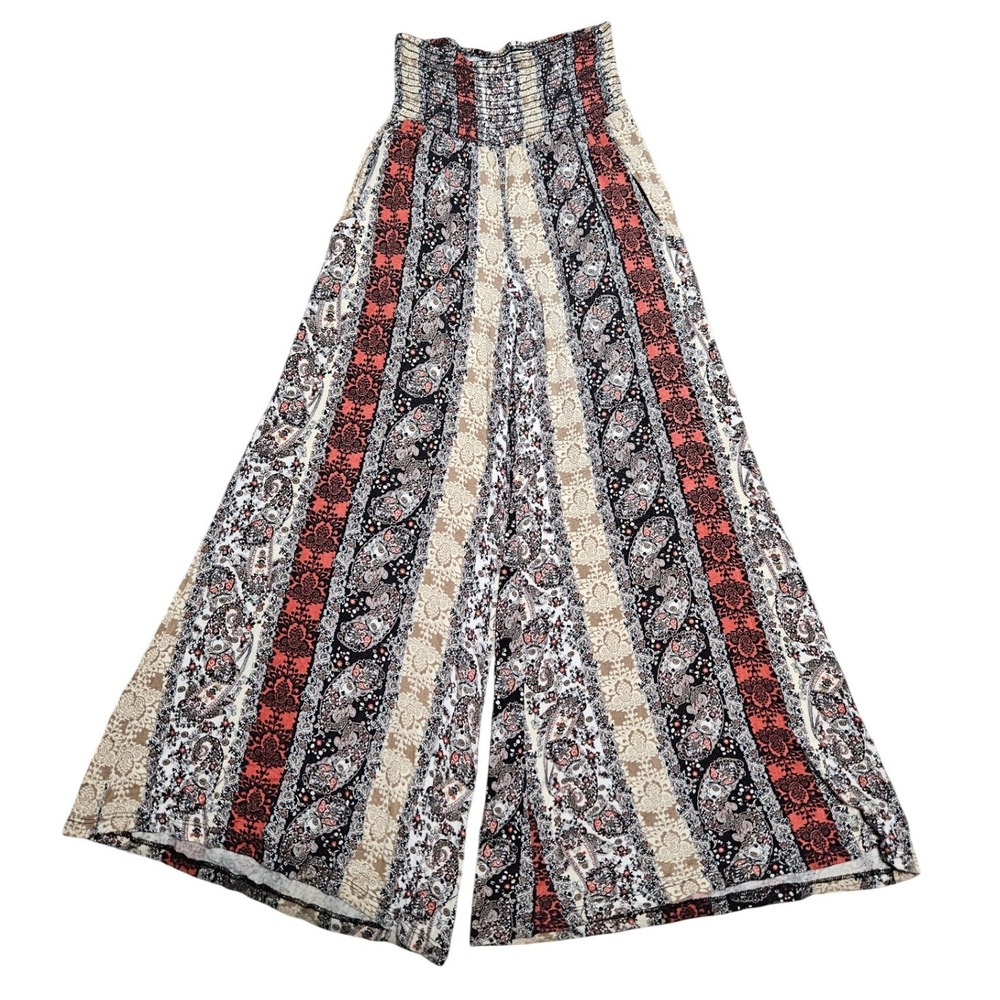 Boho Paisley Floral Wide Leg Palazzo Pants Smocked High Waist Rust Cream Black - Picture 2 of 4